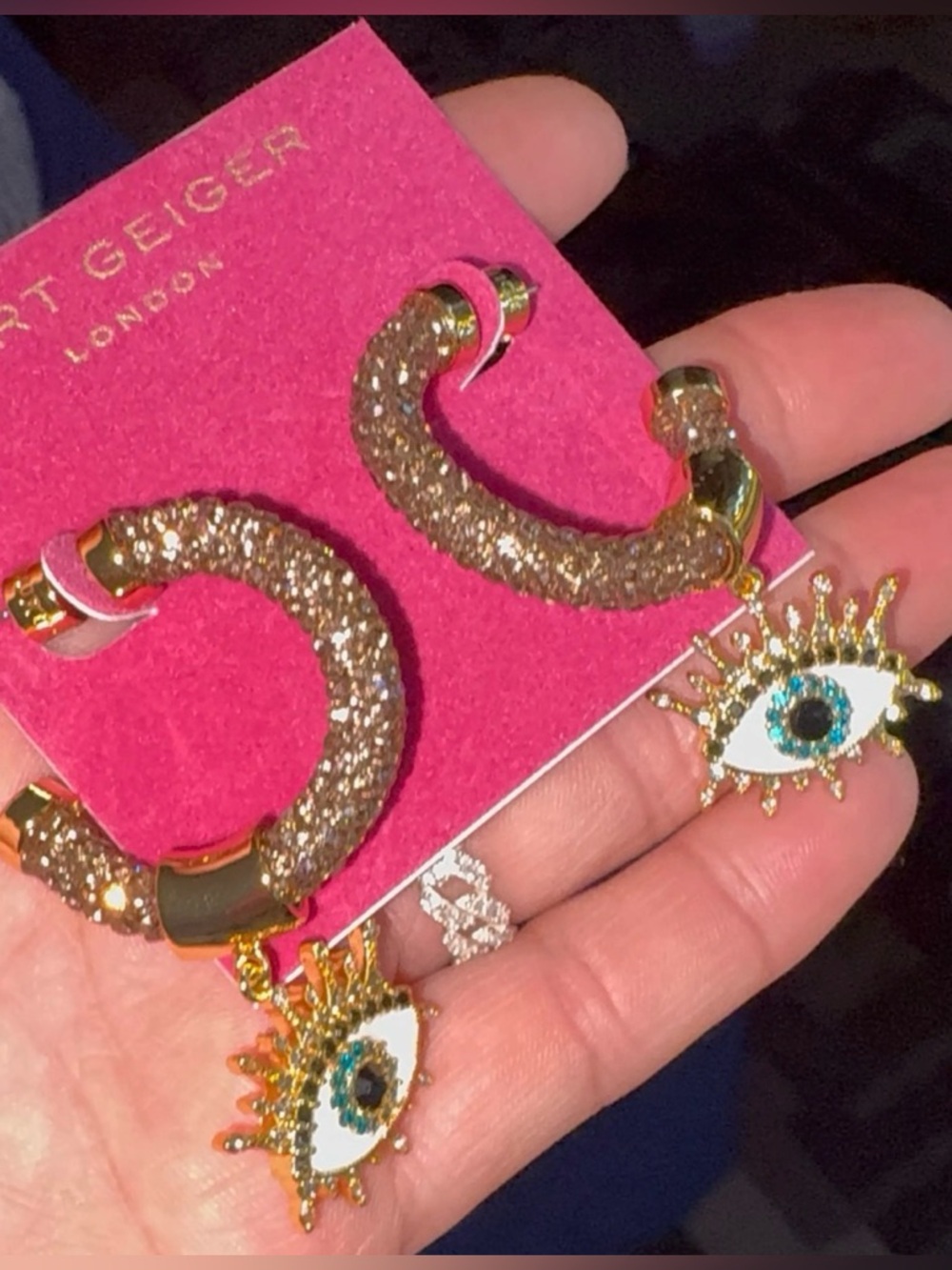 KURT GEIGER LONDON EVIL EYE CHARM PAVÉ GOLD CRYSTAL DANGLE HOOP EARRINGS  NWT